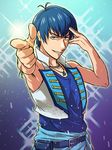  belt blue_eyes blue_hair f6 idol jewelry male_focus matsuno_karamatsu necklace nozomi_uni osomatsu-kun osomatsu-san pointing pointing_at_viewer pose solo sparkle upper_body vest 