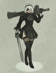  black_dress black_gloves blindfold cleavage_cutout dress full_body gloves hairband holding holding_sword holding_weapon mole mole_under_mouth nier_(series) nier_automata puffy_sleeves short_hair solo sword thighhighs tuula_rantala weapon white_hair yorha_no._2_type_b 