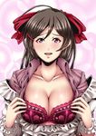  ahoge artist_name bad_id bad_pixiv_id bow bra breasts breasts_outside brown_hair cleavage collarbone hair_bow hair_ornament hair_ribbon hairclip himeshima_koukichi kantai_collection lace lace-trimmed_bra large_breasts long_hair looking_at_viewer mamiya_(kantai_collection) open_clothes open_mouth pink_background red_bra ribbon smile solo underwear upper_body 