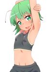  1girl antennae arm_up armpits blush green_eyes green_hair highres midriff navel open_mouth short_hair showing_armpits simple_background small_breasts solo sports_bra stretch tenyunkel touhou upper_body white_background wriggle_nightbug 