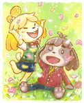  1boy 1girl animal_crossing anthro black_nose blonde_hair brown_fur brown_hair canine clothing digby_(animal_crossing) dog donburi doubutsu_no_mori dress duo female fur furry hair hair_ornament isabelle_(animal_crossing) kento_(doubutsu_no_mori) mammal nintendo shizue_(doubutsu_no_mori) short_hair sibling sitting suit uniform video_games white_fur yellow_fur 