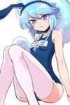 :3 animal_ears bare_shoulders blue_eyes blue_hair bunny_ears hat jewelry koriente necklace one-piece_swimsuit pearl_necklace school_swimsuit short_hair show_by_rock!! sitting smile solo swimsuit thighhighs white_legwear yusa_(be2001) 