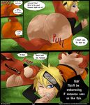  2015 5_fingers black_lips black_nose blonde_hair blue_eyes butt canine clothed clothing comic duo english_text exoticdreamer forest fox fur grass hair hi_res human humanoid_hands interspecies kurama long_mouth male mammal naruto naruto_uzumaki open_mouth outside pinned red_eyes red_fur semi-anthro sharp_teeth slit_pupils snout tailed_beast teeth text tongue tree white_claws white_sclera 