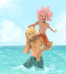  abs aqua_eyes blonde_hair carrying dark_skin dark_skinned_male full_body goggles goggles_on_head highres ibukuro inazuma_eleven inazuma_eleven_(series) long_hair male_focus male_swimwear multiple_boys nice_dolphin nipples open_mouth pink_hair shoulder_carry swim_trunks swimwear tsunami_jousuke wading water 