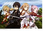  3girls absurdres armor asuna_(sao) black_eyes black_gloves black_hair brown_eyes brown_hair day detached_sleeves fingerless_gloves gloves hair_ribbon hammer highres holding holding_sword holding_weapon kawakami_tetsuya kirito lisbeth long_hair multiple_girls one_eye_closed open_mouth outdoors pina_(sao) pink_eyes pink_hair pleated_skirt red_eyes red_gloves red_ribbon red_skirt ribbon short_hair short_twintails silica skirt sky smile sword sword_art_online thighhighs tree twintails weapon white_gloves white_legwear 