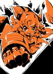  :d antenna_hair armor breasts cleavage clenched_hand eyebrows eyebrows_visible_through_hair gauntlets hair_ornament hairclip headgear headphones high_contrast medium_breasts monochrome navel navel_cutout open_mouth orange_(color) orange_eyes orange_hair power_suit reku senki_zesshou_symphogear shatter short_hair simple_background sketch smile solo tachibana_hibiki_(symphogear) teeth v-shaped_eyebrows 