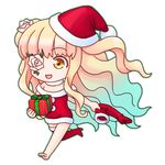  :d aka_(s3637) bare_shoulders blonde_hair boot_removed boots chibi choker christmas dress eyepatch flower flower_eyepatch gift hat kirakishou long_hair open_mouth red_footwear red_legwear rose rozen_maiden santa_boots santa_costume santa_hat single_boot smile solo thigh_boots thighhighs two_side_up very_long_hair yellow_eyes 