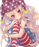  american_flag_dress american_flag_legwear blonde_hair blush clownpiece downscaled hat highres jester_cap long_hair looking_at_viewer md5_mismatch open_mouth pantyhose red_eyes resized simple_background sitting sleeveless solo star striped touhou usamata white_background 