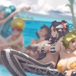  armpits b.bor beach bikini_top black_eyes blonde_hair blue_hair blurry breasts camie cleavage cloud day depth_of_field flower green_hair hair_flower hair_ornament hat highres ishilly jewelry large_breasts long_hair mermaid miss_valentine monster_girl multiple_girls navel necklace nefertari_vivi ocean one_piece outdoors shakuyaku_(one_piece) short_hair sideboob sitting solo_focus starfish striped tree tree_shade 