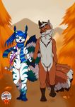  anthro blue_hair breasts brown_fur canine chest_tuft duo fangs featureless_crotch female fur hair hand_holding inner_ear_fluff male male/female mammal multicolored_hair nude open_mouth outside quartzz scarf smile standing stripes teeth tongue tuft two_tone_hair wolf 
