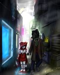  2015 anthro brooklyn canine chelsea_chamberlain city couple dog female fuzzywuff hello_kitty karelian_bear little_red_riding_hood little_red_riding_hood_(copyright) male mammal raining sanrio size_difference wolf young 