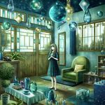  bad_id bad_pixiv_id bangs blue_dress blue_footwear blunt_bangs bookshelf bottle box brown_hair chair constellation cup daisy dishes dress drinking_glass fish fish_tank flower galaxy glass hair_flower hair_ornament holding holding_flower indoors jar kazami_(kuroro) long_hair looking_at_viewer mirror no_socks original pace phone pillow plant potted_plant rug saucer scenery shoes slippers solo stained_glass star_(sky) table tablecloth teacup teapot topiary vase window wooden_floor 