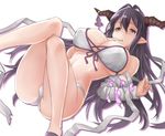  :o antenna_hair bandages bikini breasts cleavage covered_nipples danua draph finger_to_mouth front-tie_top granblue_fantasy hair_between_eyes horn_ornament horns jewelry large_breasts long_hair lying necklace on_back pointy_ears purple_eyes purple_hair qnakamura solo swimsuit very_long_hair 