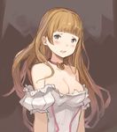  bangs bare_shoulders blue_eyes blunt_bangs blush breasts brown_hair cleavage granblue_fantasy hanarito juliet_(granblue_fantasy) large_breasts long_hair looking_at_viewer open_mouth puffy_short_sleeves puffy_sleeves short_sleeves solo upper_body 