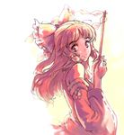  bangs bow chikuwa_(tks) detached_sleeves floating_hair from_side gohei hair_bow hair_tubes hakurei_reimu long_hair red smile solo touhou wide_sleeves 
