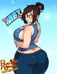  agawa_ryou ass back beads bracelet breasts brown_eyes brown_hair butt_crack character_name curvy from_behind frown glasses hair_bun hair_ornament hair_stick huge_breasts jewelry looking_back mei_(overwatch) overwatch pants plump short_hair sideboob solo tank_top thick_thighs thighs 