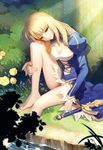  ahoge alternate_breast_size artoria_pendragon_(all) bare_legs barefoot blonde_hair blue_dress breasts cleavage cleavage_cutout day dress excalibur fate/stay_night fate_(series) green_eyes highres leg_hug long_hair long_legs long_sleeves medium_breasts outdoors puffy_sleeves saber sitting solo sword vmax-ver water weapon 