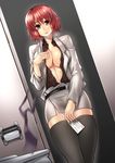  ayakumo bathroom black_legwear breasts highres horikawa_raiko large_breasts miniskirt necktie necktie_removed no_bra open_clothes open_shirt red_eyes red_hair shirt short_hair skindentation skirt solo sweatdrop thick_thighs thighhighs thighs toilet_paper touhou undressing 