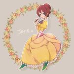  blue_eyes blush brown_hair disney dress eyelashes flower full_body gloves grey_background hair_bun jane_porter pen simple_background solo srmrms tarzan 