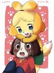  1boy 1girl animal_crossing anthro black_nose blonde_hair brown_hair canine clothing digby_(animal_crossing) dog doubutsu_no_mori dress duo female fur furry hair hair_ornament happy isabelle_(animal_crossing) kento_(doubutsu_no_mori) male mammal nintendo shizue_(doubutsu_no_mori) short_hair sibling siblings suit uniform unknown_artist video_games white_fur yellow_fur 