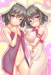  alternate_breast_size animal_ears babydoll black_babydoll black_hair blush bottomless breast_grab breast_lift breasts bunny_ears covered_nipples dual_persona ecou grabbing inaba_tewi large_breasts looking_at_viewer multiple_girls navel nipples no_panties no_pussy red_eyes see-through short_hair small_breasts smile touhou white_babydoll 