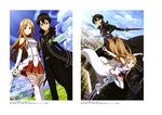  1girl absurdres asuna_(sao) black_eyes black_hair brown_eyes brown_hair detached_sleeves dual_wielding echigo_mitsutaka highres holding holding_sword holding_weapon kirito long_hair long_legs looking_at_viewer pleated_skirt red_skirt skirt smile sword sword_art_online thighhighs weapon white_legwear 