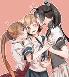  akigumo_(kantai_collection) akizuki_(kantai_collection) bandaid bandaid_on_arm bandaid_on_face black_hair brown_hair girl_sandwich headband heart hug kantai_collection kiss long_hair multiple_girls nora/satou oboro_(kantai_collection) ponytail sandwiched school_uniform serafuku short_hair skirt smile yuri 