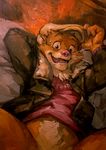  2015 anthro bed bottomless brown_fur clothed clothing fabercastel fur half-dressed hat jacket looking_at_viewer m&#039;lady male mammal mustelid newsboy_cap oil_painting painting pink_nose portrait shirt simple_background smile solo suggestive sweat weasel weekly whiskers white_fur 