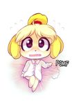  1girl ???? animal_crossing anthro black_nose blonde_hair bottomless canine clothing dog doubutsu_no_mori english_text female fur furry hair hair_ornament isabelle_(animal_crossing) mammal nintendo shizue_(doubutsu_no_mori) short_hair solo text video_games white_fur yellow_fur 