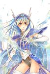  armor blue_eyes blue_hair blue_hairband colored_pencil_(medium) cowboy_shot elbow_gloves gem gloves hair_ornament hairband jigoro_(mig60gummy) leotard long_hair magic_knight_rayearth ryuuzaki_umi solo traditional_media water white_gloves 