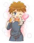  blue_eyes blush brown_hair gloves heart inazuma_eleven inazuma_eleven_(series) male_focus one_eye_closed open_mouth smile soccer_uniform solo sportswear tachimukai_yuuki yochin_(togechix) 