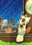  city cityscape closed_eyes cup disposable_cup drinking froslass gen_4_pokemon glaceon no_humans poke_ball_symbol pokemon pokemon_(creature) sitting skyline snow snowing winick_lim 