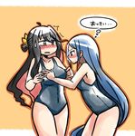  ahoge bangs bare_shoulders black_hair blue_eyes blue_hair blush breast_envy breasts hair_ribbon hand_on_another's_chest highres kantai_collection large_breasts long_hair mira_shamaliyy multicolored_hair multiple_girls naganami_(kantai_collection) one-piece_swimsuit open_mouth pink_hair ribbon samidare_(kantai_collection) school_swimsuit simple_background sweatdrop swept_bangs swimsuit tears thighs translated very_long_hair yellow_eyes 