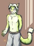  amorous blush clothed clothing cute eyewear feline fur girly glasses green_fur half-dressed male mammal seth_(kabier) topless 
