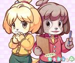  1boy 1girl animal_crossing anthro black_nose blonde_hair brown_hair canine clothing digby_(animal_crossing) dog doubutsu_no_mori dress duo female fur furry hair hair_ornament isabelle_(animal_crossing) kento_(doubutsu_no_mori) male mammal nintendo shizue_(doubutsu_no_mori) short_hair sibling siblings suit uniform unknown_artist video_games white_fur yellow_fur 