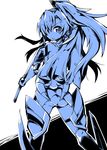  armor bare_shoulders blue blue_eyes blue_hair blush boots elbow_gloves from_behind gloves hair_between_eyes high_contrast holding holding_sword holding_weapon kazanari_tsubasa leotard long_hair looking_back monochrome one_side_up ponytail reku senki_zesshou_symphogear simple_background sketch smile solo standing sword thigh_boots thighhighs very_long_hair weapon white_background 