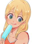  :p blonde_hair blush food green_eyes inazuma_eleven inazuma_eleven_(series) long_hair male_focus miyasaka_ryou otoko_no_ko pikara popsicle solo tank_top tongue tongue_out 