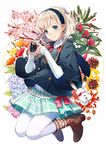  acorn asahikawa_hiyori blonde_hair blue_eyes boots brown_footwear bunny camera cherry_blossoms coat earrings flower ginkgo hairband half_updo holding holding_camera hydrangea jewelry leaf long_sleeves original pantyhose pinecone pleated_skirt short_hair skirt smile solo white_legwear 