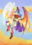  1girl angel_wings armor bat_wings blonde_hair blue_eyes blue_hair boots breath_of_fire breath_of_fire_i cape gloves green_eyes hairband horns hug knee_boots leotard long_hair nina_(breath_of_fire_i) nino red_leotard ryuu_(breath_of_fire_i) short_hair thighhighs white_wings wings 