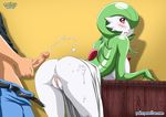  anthro anus ash_ketchum bbmbbf bent_over big_breasts blush bottomless breasts butt clitoris clothed clothing cum cum_on_butt cum_on_leg cumshot gardevoir green_hair hair half-dressed hi_res human interspecies looking_back mammal masturbation nintendo open_mouth orgasm palcomix penis pink_eyes pok&eacute;mon pokepornlive presenting presenting_hindquarters pussy shy video_games white_skin 