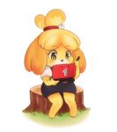  1girl animal_crossing anthro black_nose blonde_hair canine clothing dog doubutsu_no_mori dress female fur furry hair hair_ornament isabelle_(animal_crossing) mammal matospectoru nintendo nintendo_ds shizue_(doubutsu_no_mori) short_hair sitting solo uniform video_games white_fur yellow_fur 