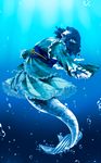  air_bubble ameya_nihachi animal_ears blue_eyes blue_hair bubble head_fins highres japanese_clothes kimono long_sleeves mermaid monster_girl obi open_mouth sash short_hair solo touhou underwater wakasagihime wide_sleeves 