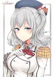  absurdres blue_eyes breasts epaulettes hat highres kantai_collection kashima_(kantai_collection) looking_at_viewer medium_breasts military military_uniform silver_hair smile solo twintails uniform xiaodi 