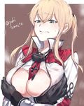  biting blonde_hair breast_hold breasts capelet clenched_teeth cross graf_zeppelin_(kantai_collection) grey_eyes hair_between_eyes impossible_clothes jacket kantai_collection large_breasts lip_biting necktie sidelocks solo sweatdrop teeth tsurime twintails twitter_username yakitomeito 