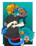  anthro blonde_hair canine clothed clothing crying dragon duo eyes_closed female furry-specific_piercing hair horn hug hybrid mammal nude piercing quartzz simple_background standing tail_piercing tears 