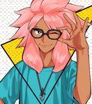  adjusting_eyewear blue_eyes dark_skin dark_skinned_male glasses inazuma_eleven inazuma_eleven_(series) inazuma_eleven_go jewelry long_hair male_focus mosako necklace one_eye_closed pink_hair smile solo tsunami_jousuke 