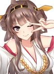  ;) blue_eyes blush breasts brown_hair cleavage closed_mouth hairband headgear japanese_clothes kantai_collection kongou_(kantai_collection) large_breasts long_hair looking_at_viewer mallizmora nontraditional_miko one_eye_closed smile solo upper_body v v_over_eye 