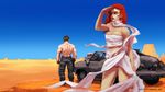  1boy 1girl blue_eyes breasts brown_hair budget_sarashi capable car character_request cleavage darren_geers desert long_hair mad_max mad_max:_fury_road max_rockatansky motor_vehicle muscle red_hair sarashi scarf shading_eyes shirtless vehicle 