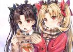  black_hair blonde_hair bow breath chicken_nuggets cupping_hands ereshkigal_(fate/grand_order) fate/grand_order fate_(series) food glass hair_bow hair_ornament ishtar_(fate/grand_order) jacket kotatsu_(kotatsu358) long_hair multiple_girls open_mouth red_eyes scarf smile snowing twintails 