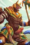  2015 abs anthro armor balls bandage brown_fur canine clothing deity erection fangs fur helmet jackal league_of_legends male mammal muscular nasus open_mouth pecs penis precum presenting rabbity solo video_games weapon 